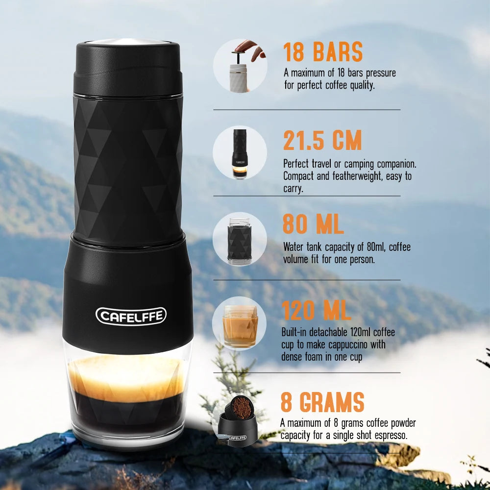 Cafelffe 3in1 Portable Coffee Machine Manual Espresso Maker For Capsule & Ground Milk Froth Hand Press Brewer hiking Travel Gif
