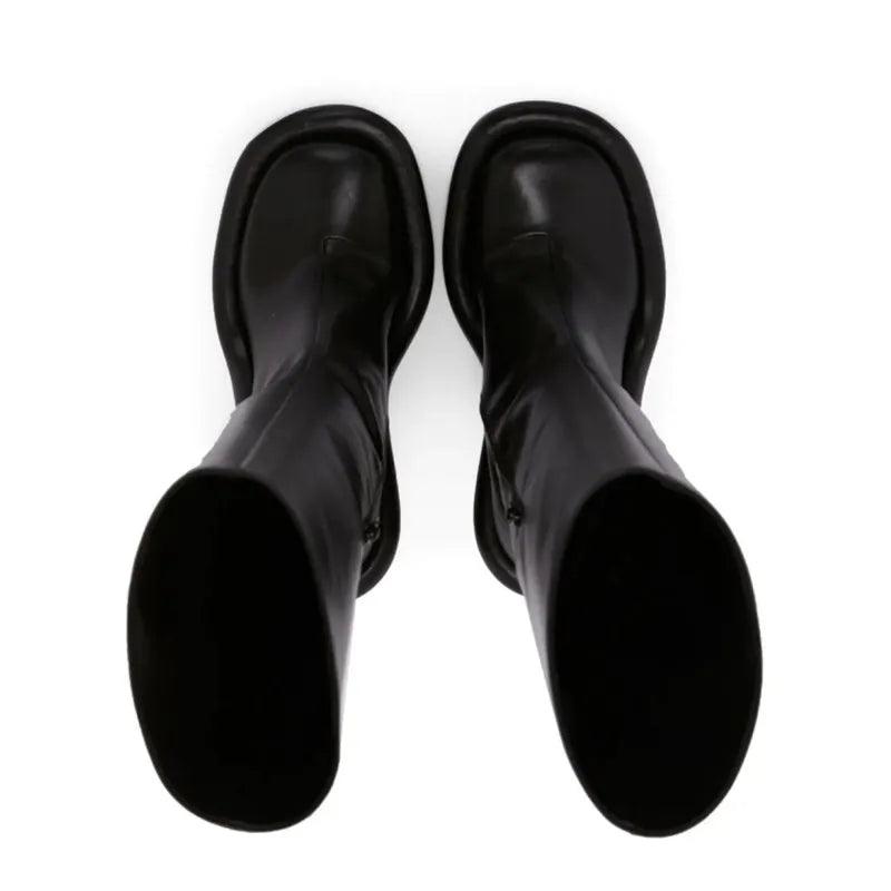 2025Women's New Slim High-heeled Knee High Boots with Side Zipper Round Toe 34-43 Large Mid Length Boots