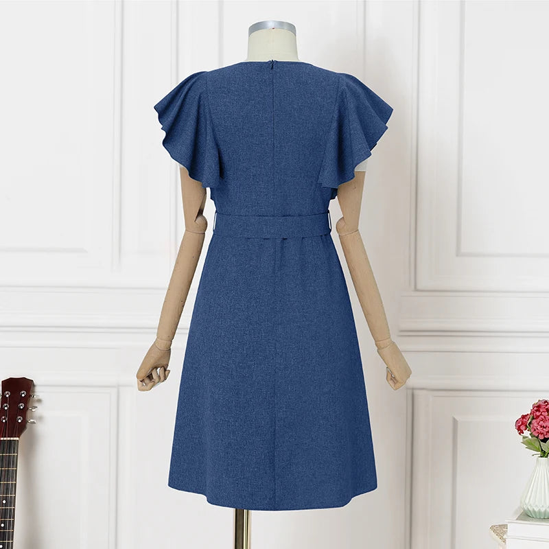 ZANZEA Elegant Women Office Lady Dress Summer Short Sleeve Ruffled Vestidos Casual Solid Color Square Collar Party Midi Sundress