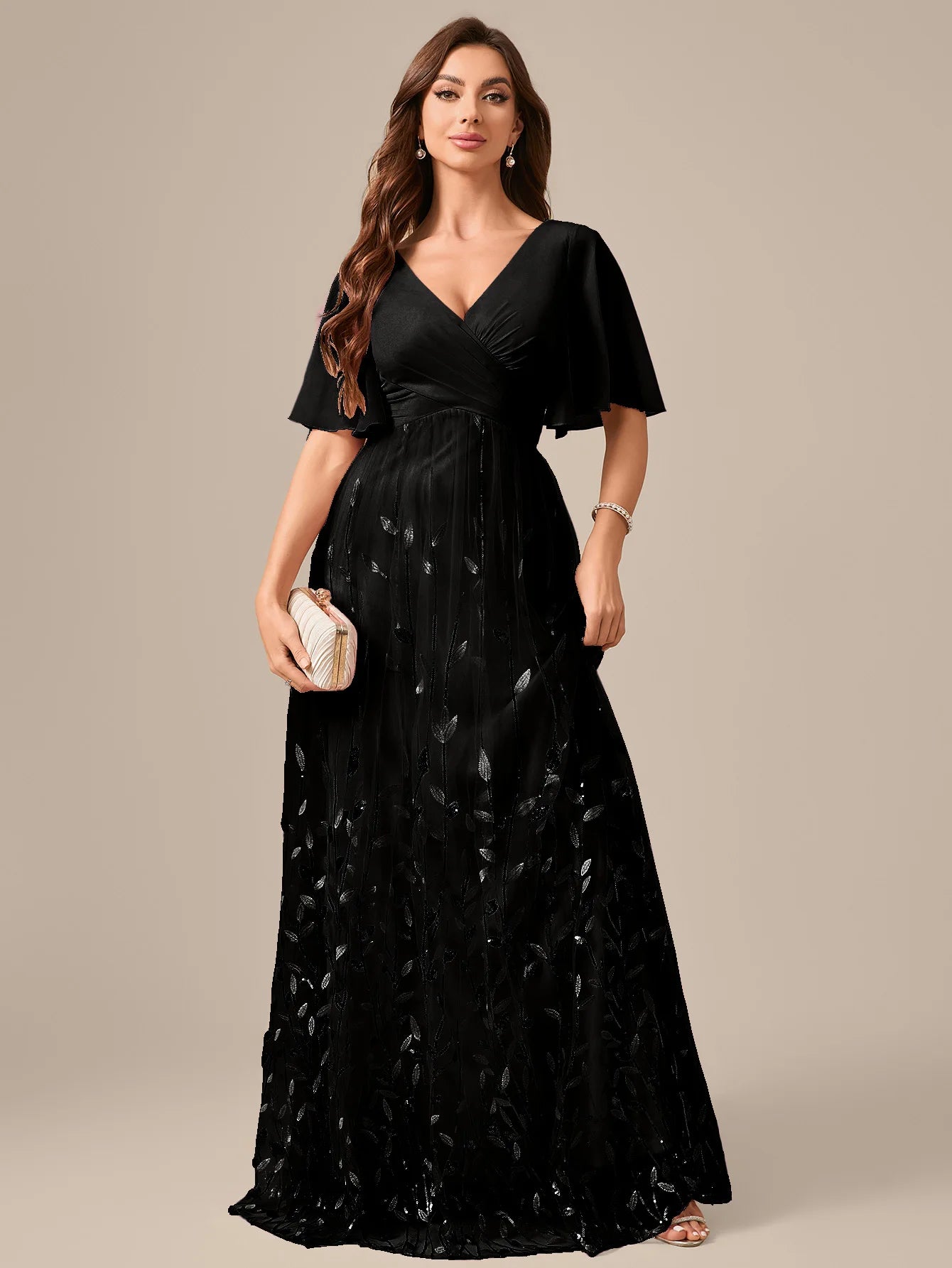 UNITHORSE Random Cutting V-neck Lace-Trimmed Sleeves Chest Pleats Leaf Pattern Tulle Patchwork Evening Dress