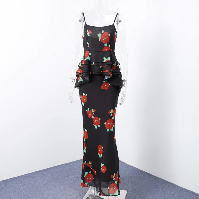 Printed Layered Pleated Top Half Skirt Women Set Sleeveless Slim Top Straight Tube Fishtail Skirts Summer Beach Vacation Suit