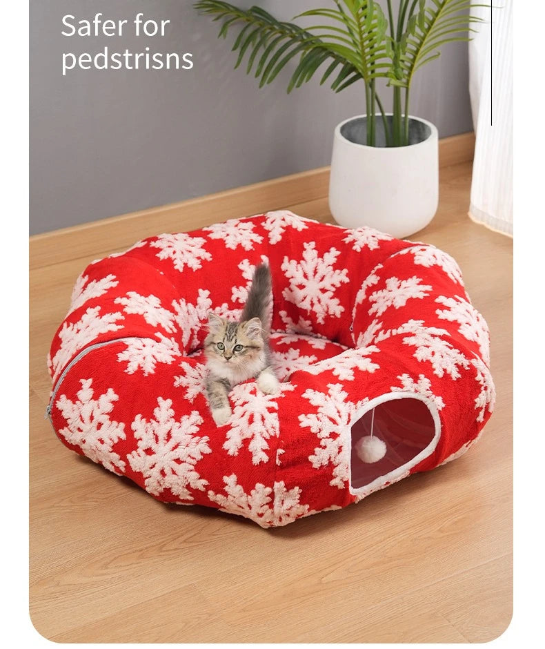 Round Donut Cat Beds Christmas House Soft Plush Pet Mat for Puppy Cushion for Cats To Hide 2 in 1 Tunnel Cats Sleeping Sofa Noel