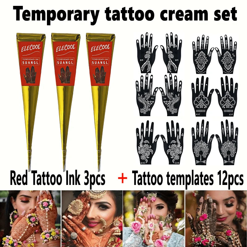 SUANGL Temporary Henna Tattoo Kit 3 Colors Black Brown Red with Stencils for Beginners Professionals Party Gift Set