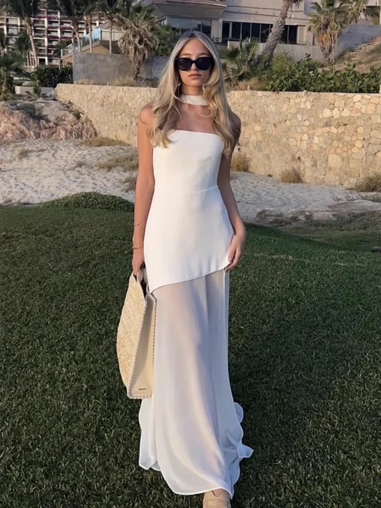 2025 New Strapless Dress With Ribbon Women's Elegant Sleeveless Mesh Beach Vacation Long Dress Spring Fashion Lady Dress