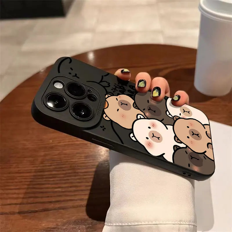 Case For iPhone 17 16 15 14 13 12 11 Pro Max Air XS X XR 16E Cute Capybara Pattern Matte Silicone Camera Lens Portector Cover