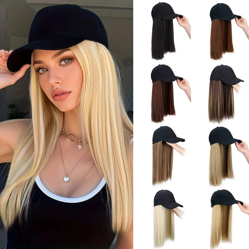 18Inch Synthetic Hat Wig Long Straight Hair Baseball Cap Hair Extension Adjustable for Women Daily Use