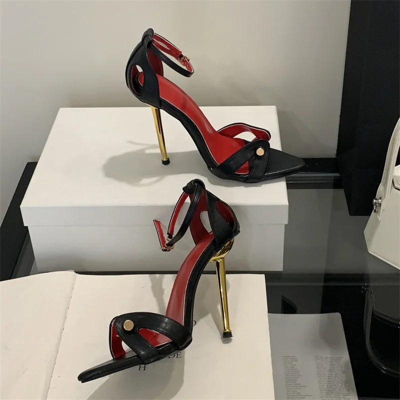 Liyke Leopard Print Ankle Strap Stilettos Sandals Women Party Dress Shoes Metal Narrow Band Pointed Toe Stripper Heels Size 41