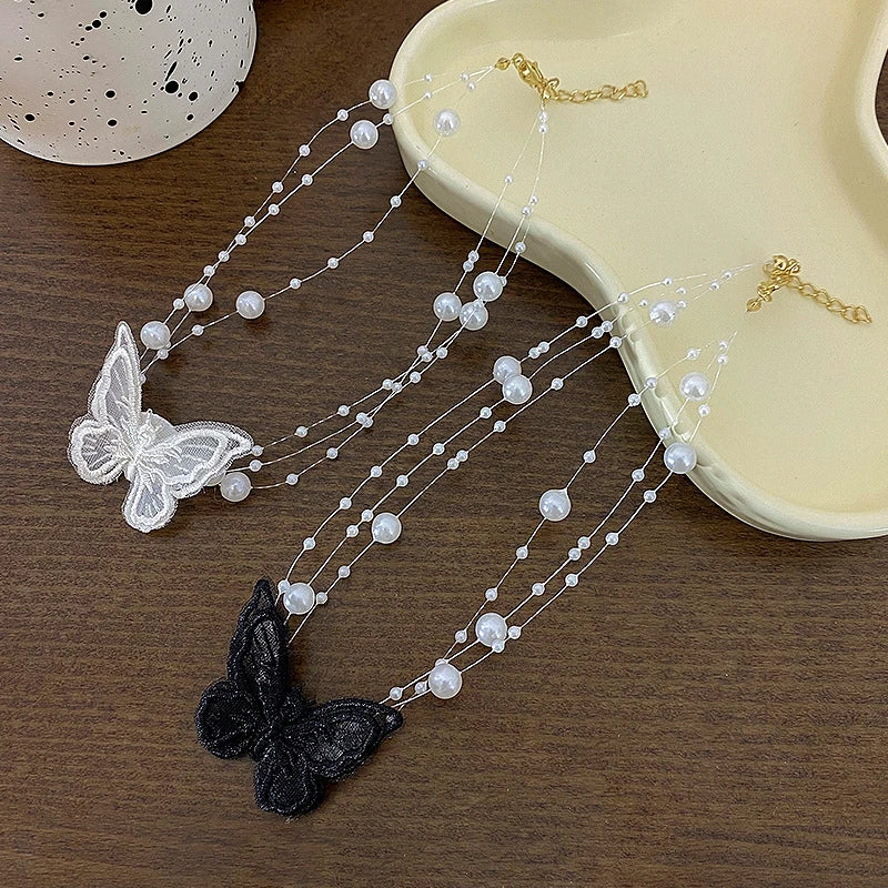Elegant Multilayer Pearl Neck Chain Fashion Butterfly Necklace For Women Wedding Jewelry Accessries Gift