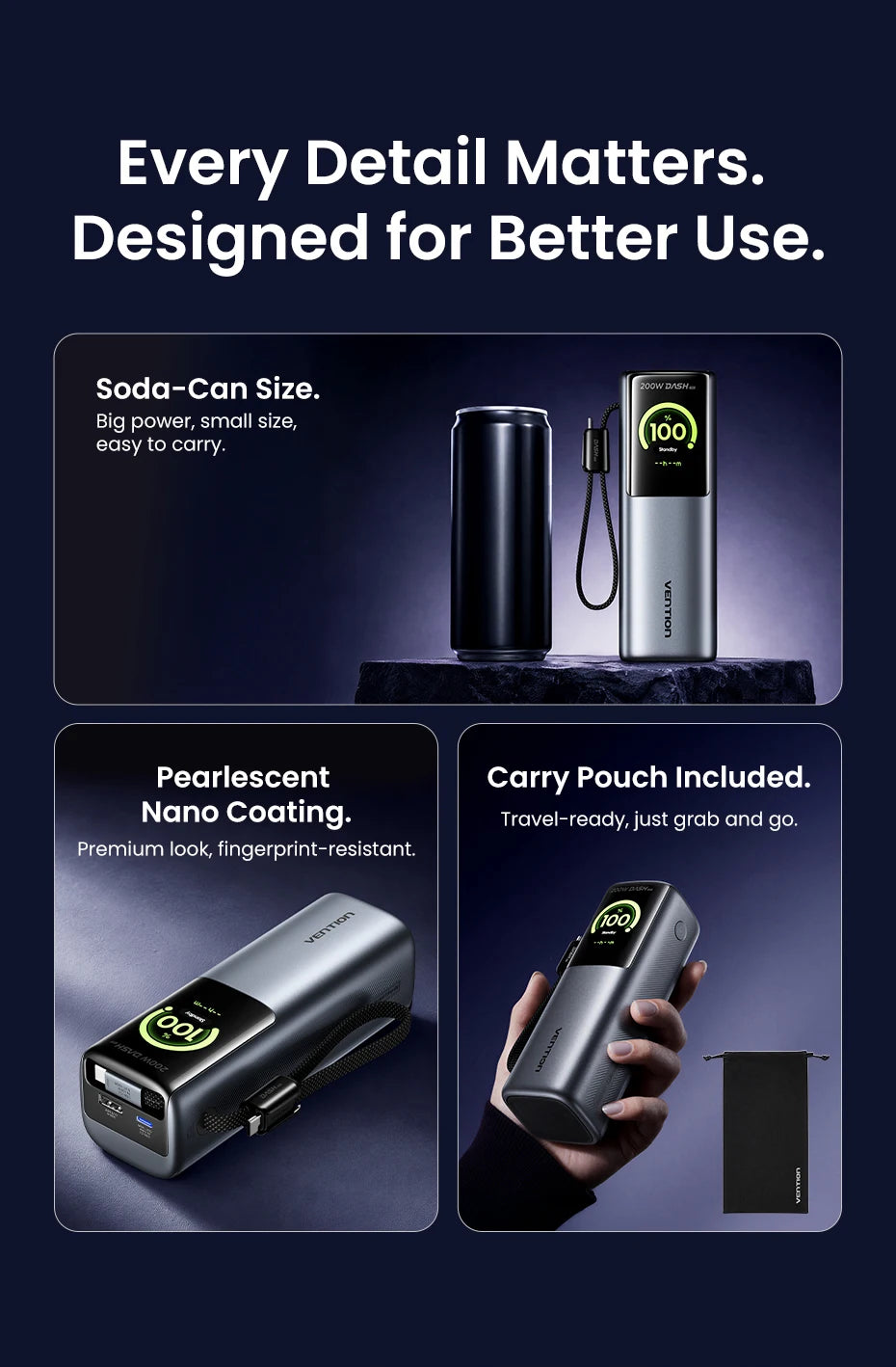 Vention 200W 25000mAh Power Bank Retractable Cables Portable PD External Battery PowerBank for Laptop Macbook Pro Fast Charge