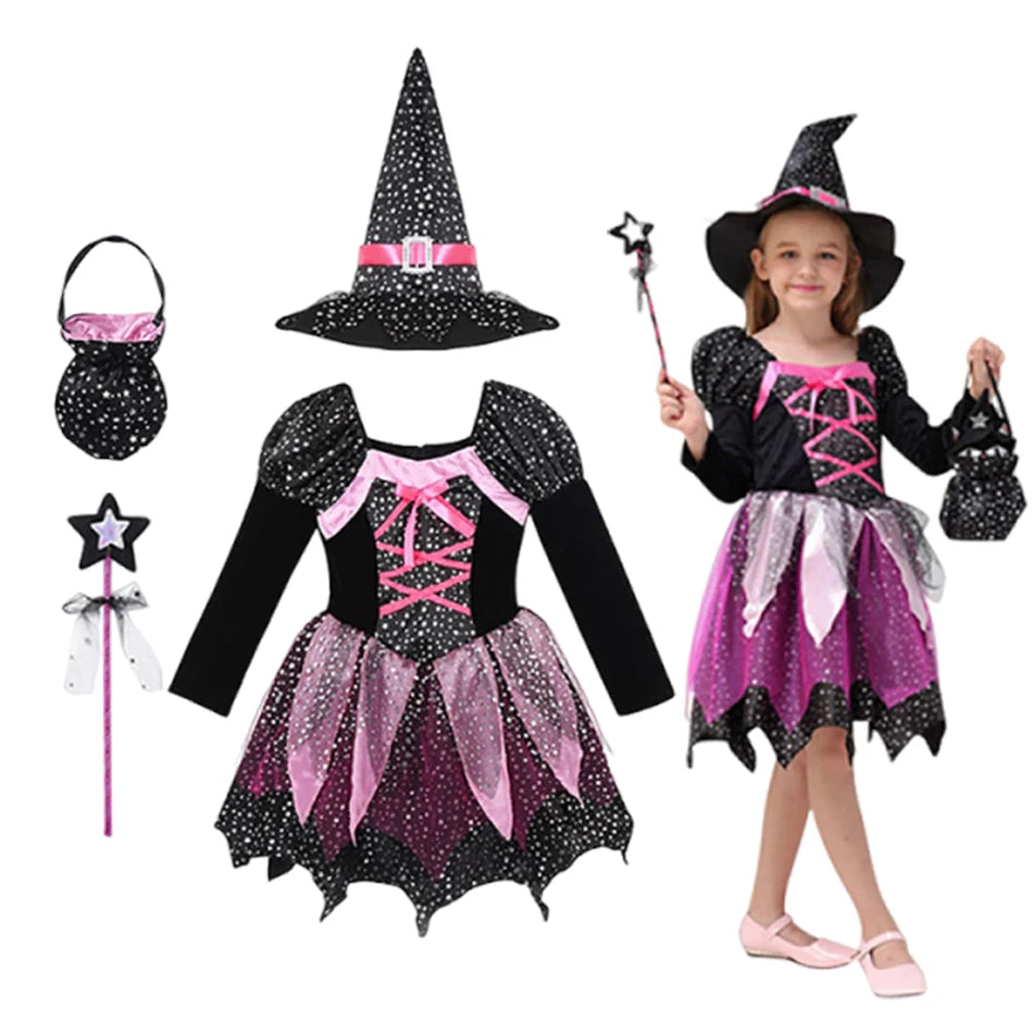 2026 Girls Halloween Cosplay Witch Dress With Hat Bag Costume Carnival Vestidos Kids Party Cosplay Dress Children Costume