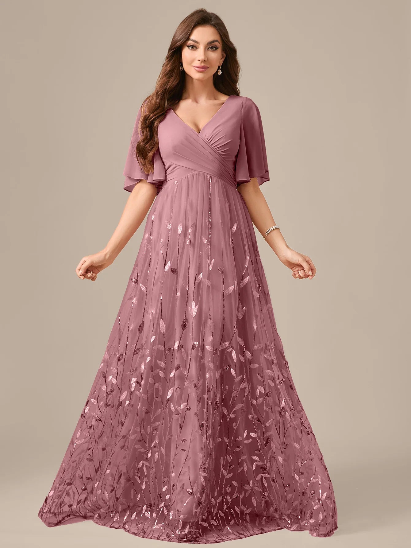 UNITHORSE Random Cutting V-neck Lace-Trimmed Sleeves Chest Pleats Leaf Pattern Tulle Patchwork Evening Dress
