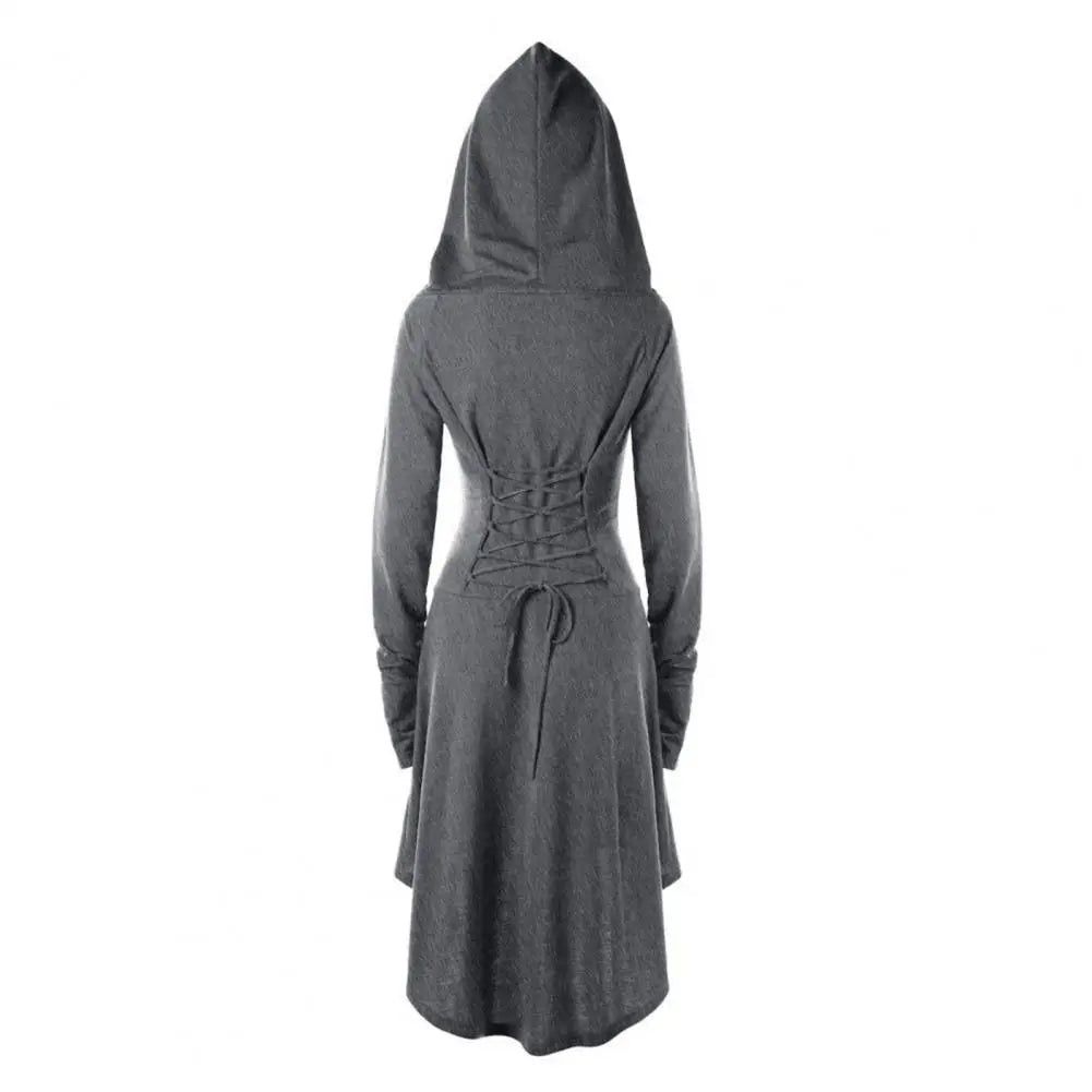 Women Milk Silk Dress Hooded Long Sleeves Lace-up Strap Slim Waist Irregular Hem Women Midi Dress Festival Party Halloween Dress