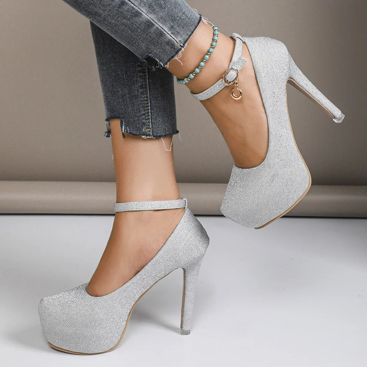Spring Autumn New Style Waterproof Platform High Heels Thin Heel Silver Large Size Ultra High Heel Single Shoes for Women Show A