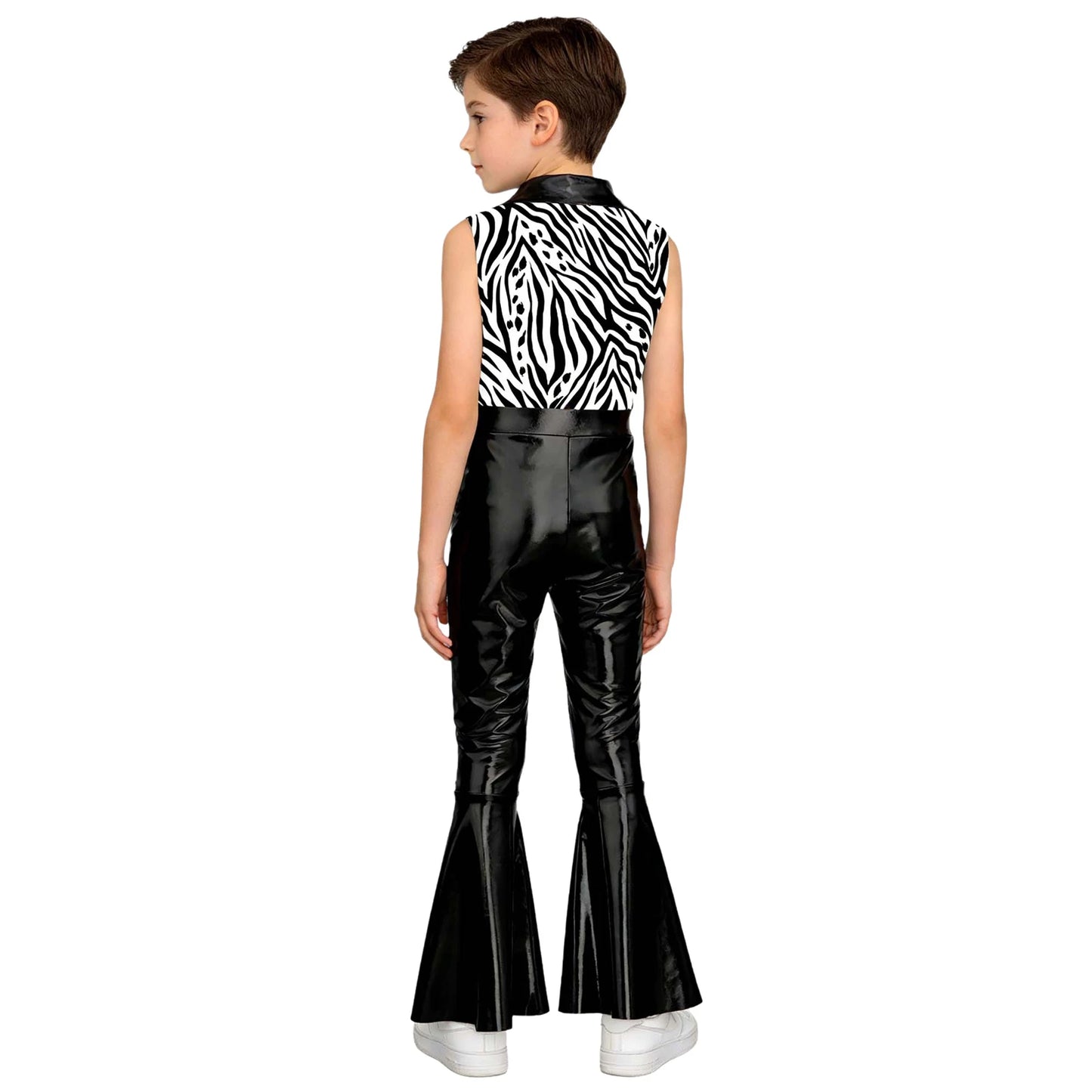 Children Boys 70-80s Disco Hippie Cowboy Costume Metallic Shiny Zipper Bell-bottom Jumpsuit for Halloween Carnival Cosplay Party