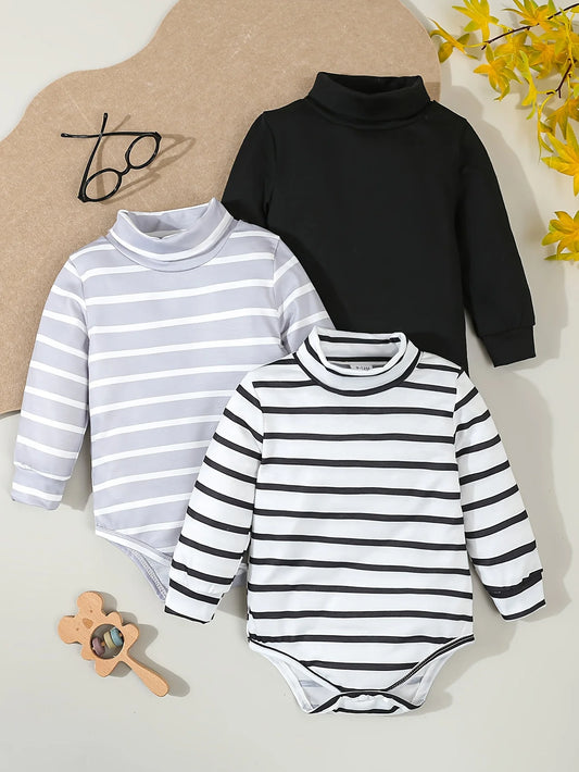 Spring And Autumn's New High-Neck Triangular Hatchcoat 3-Piece Casual And Simple Striped Jumpsuit For Baby Boys