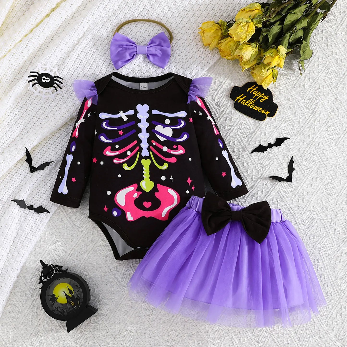 Infant Girls Halloween Theme Party Carnival Pumpkin Ghost Skeleton Cosplay Costume Skull Pumpkin Face Apparition Print Romper
