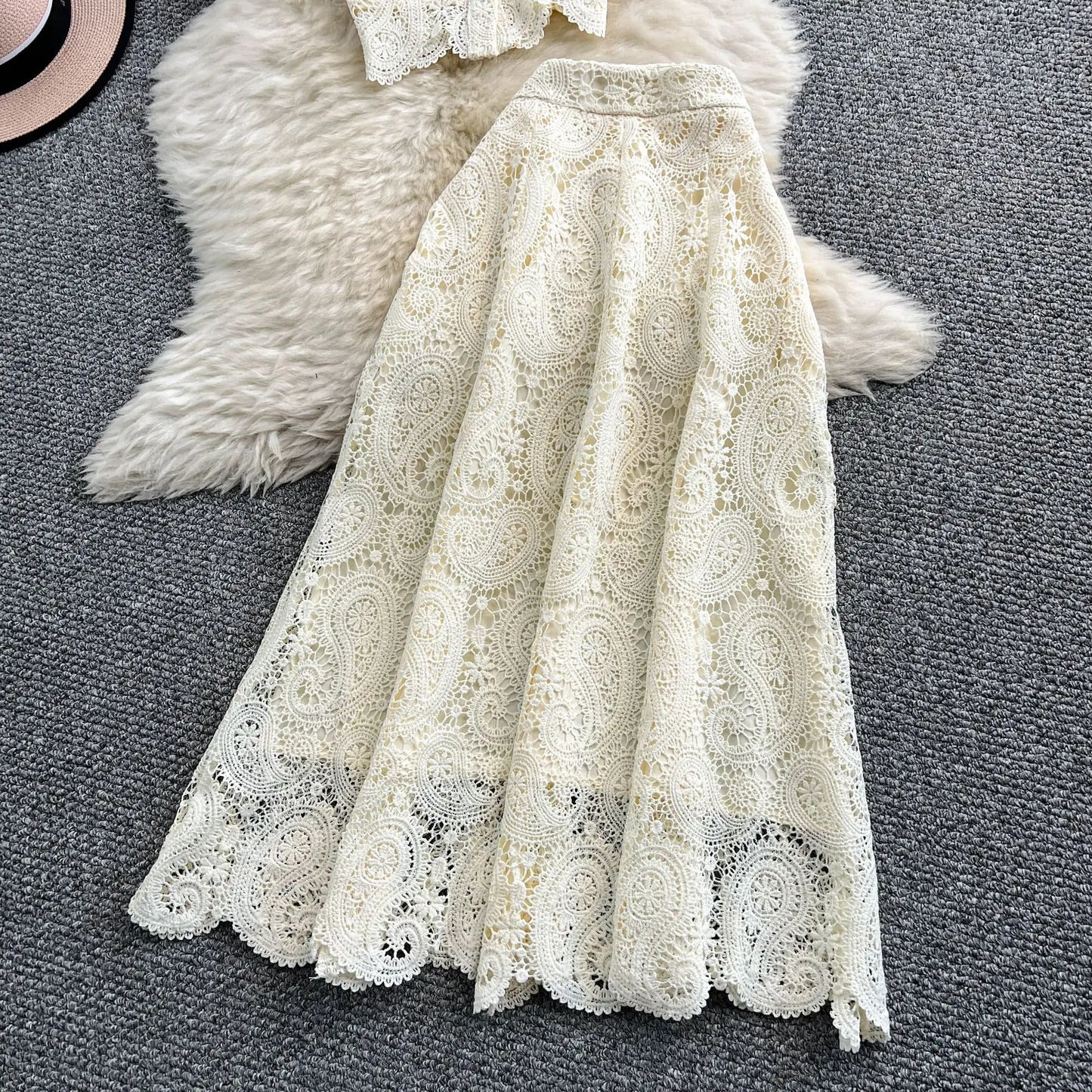 Women Two Piece Sets Skirt Set Embroidery Lace Hollow Out Half Sleeve Shirt Long Skirts A Line High Waist Elegant Work Spring