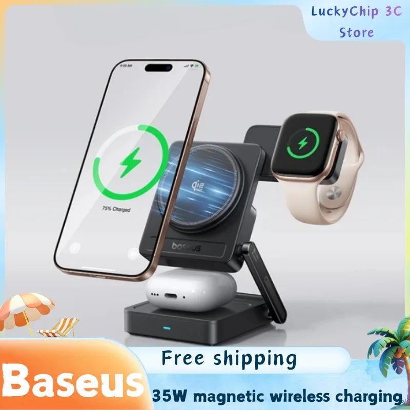 Baseus 3 in 1 Magnetic Wireless Charger Qi2.2 35W Fast Charging for IPhone 17 16 15 14 IWatch Earbuds AirPods Pro IWatch