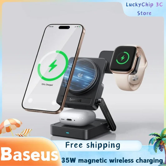Baseus 3 in 1 Magnetic Wireless Charger Qi2.2 35W Fast Charging for IPhone 17 16 15 14 IWatch Earbuds AirPods Pro IWatch