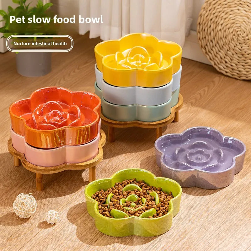 Ceramic Dog Slow Food Bowl Anti-choking Medium and Large Dog Food Basin Cat Bowl with Wooden Frame Pet Feeding Supplies With