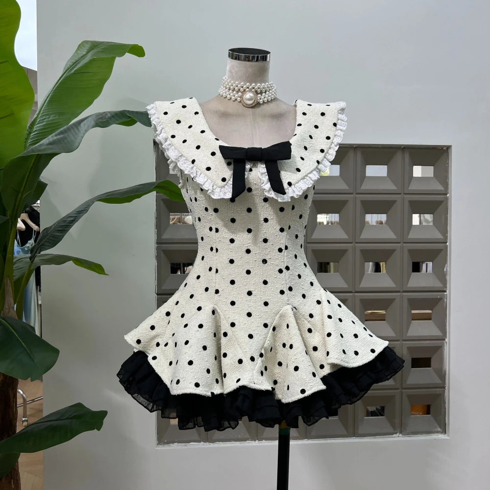 Women's Sexy A Line Lace Edge Polka Dot Fashion Round Neck Bow Short Mini Dresses Birthday Party Dinner Evening Cocktail Dress