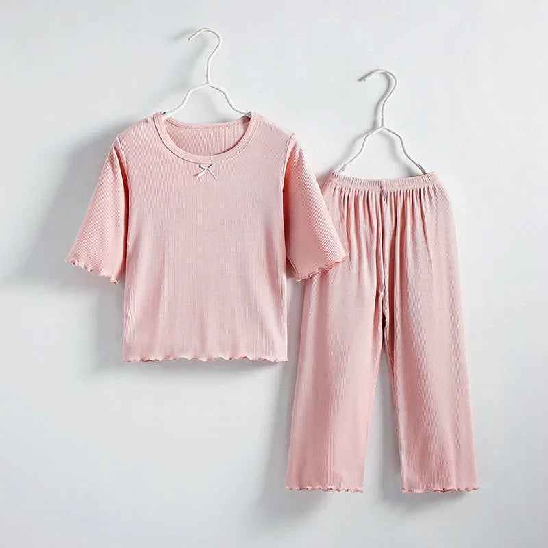 Girls Ice Silk Set Thin Children Homewear Clothes Summer Kids Air Conditioning Short Sleeve Children Sets Girl Pajamas Outfit