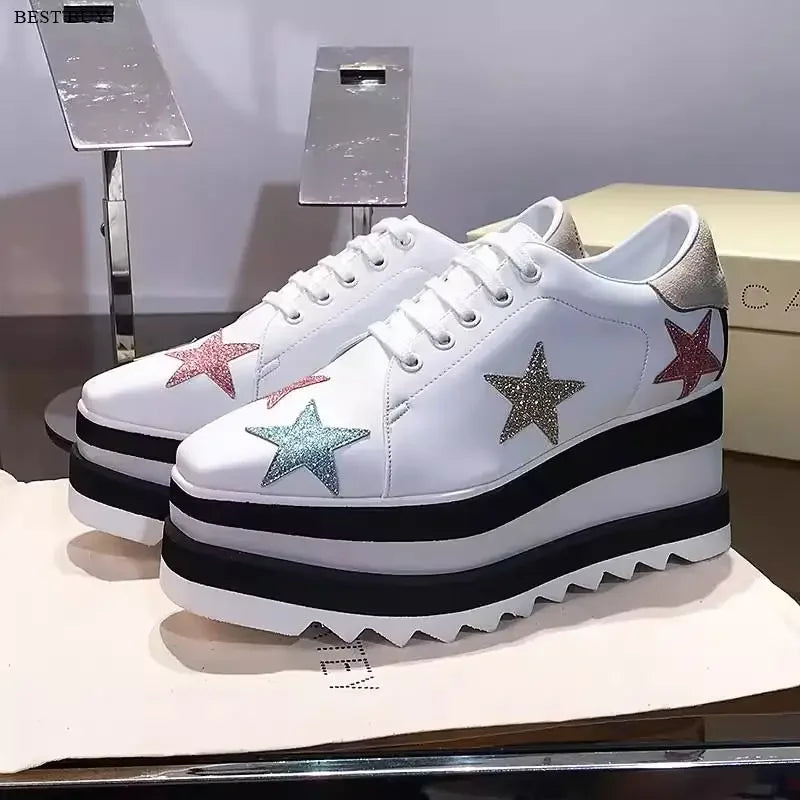 2024 Height Increasing Star Rivet Shoes Classic Platform Rose Gold sneakers Mix Color Square Toe Wedge Shoes Lace Up Lady Shoes