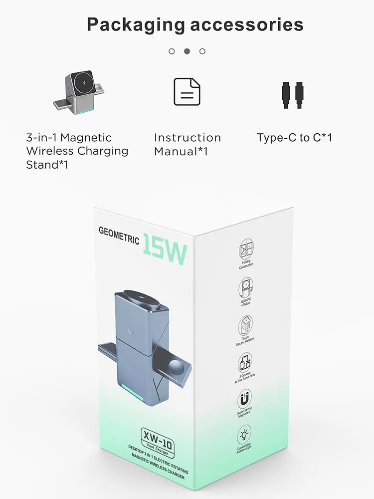 Rotating Qi2 3in1 15w Magnetic Wireless Charger Stand For iPhone 16 15 14 13 12 Max  iWatch Airpods Fast Charging Dock