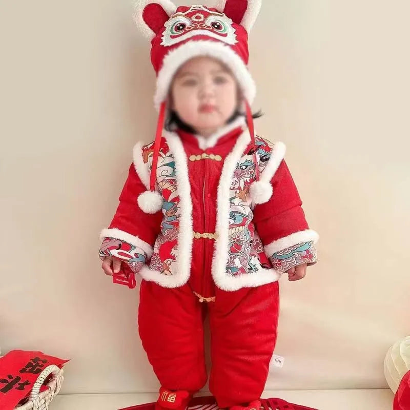 New winter Chinese New Year thick baby with hat jumpsuit