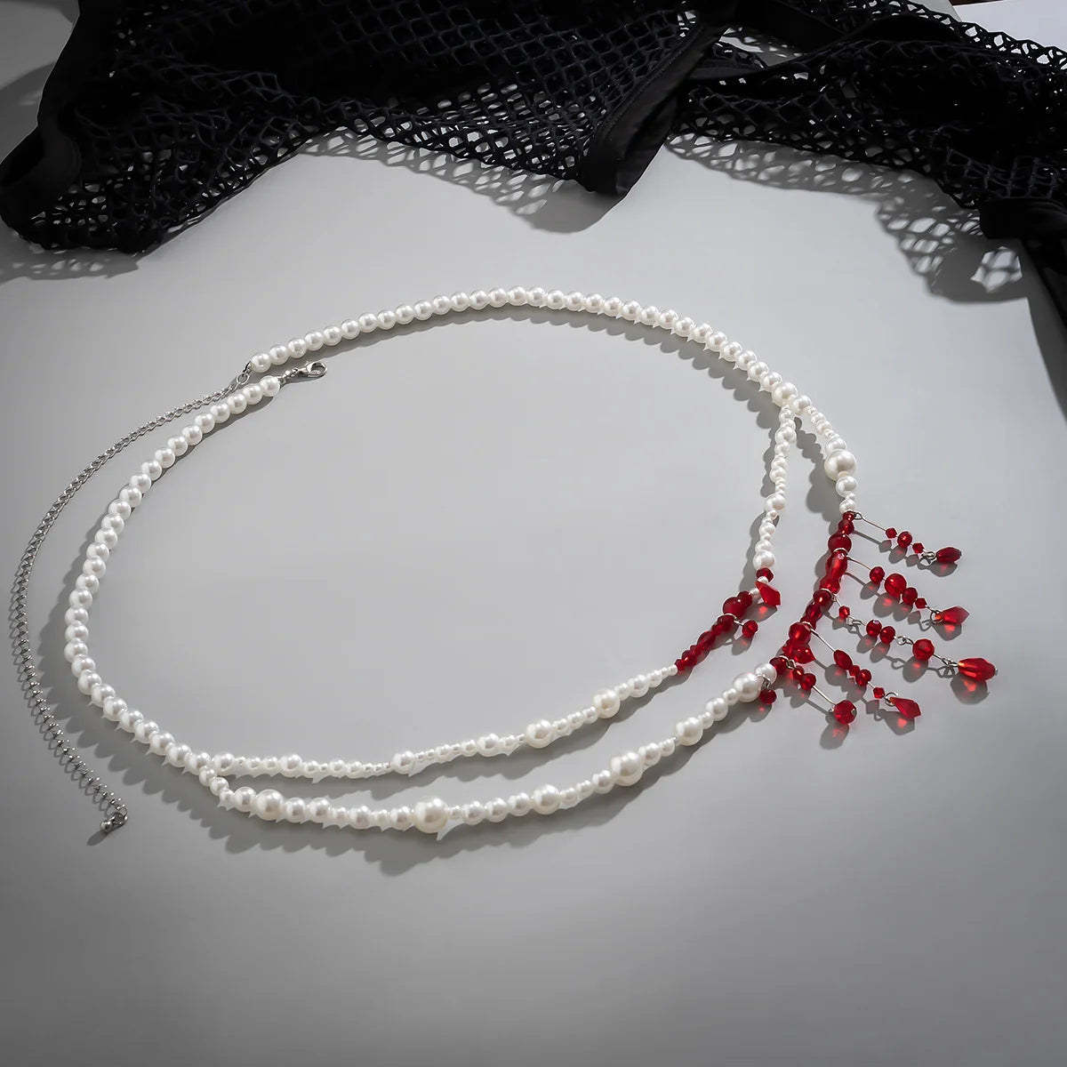 Salircon Punk Imitation Pearl Double Layer Waist Chain Gothic Red Crystal Bead Pendant Belly Chain Women Sexy Trend Body Jewelry