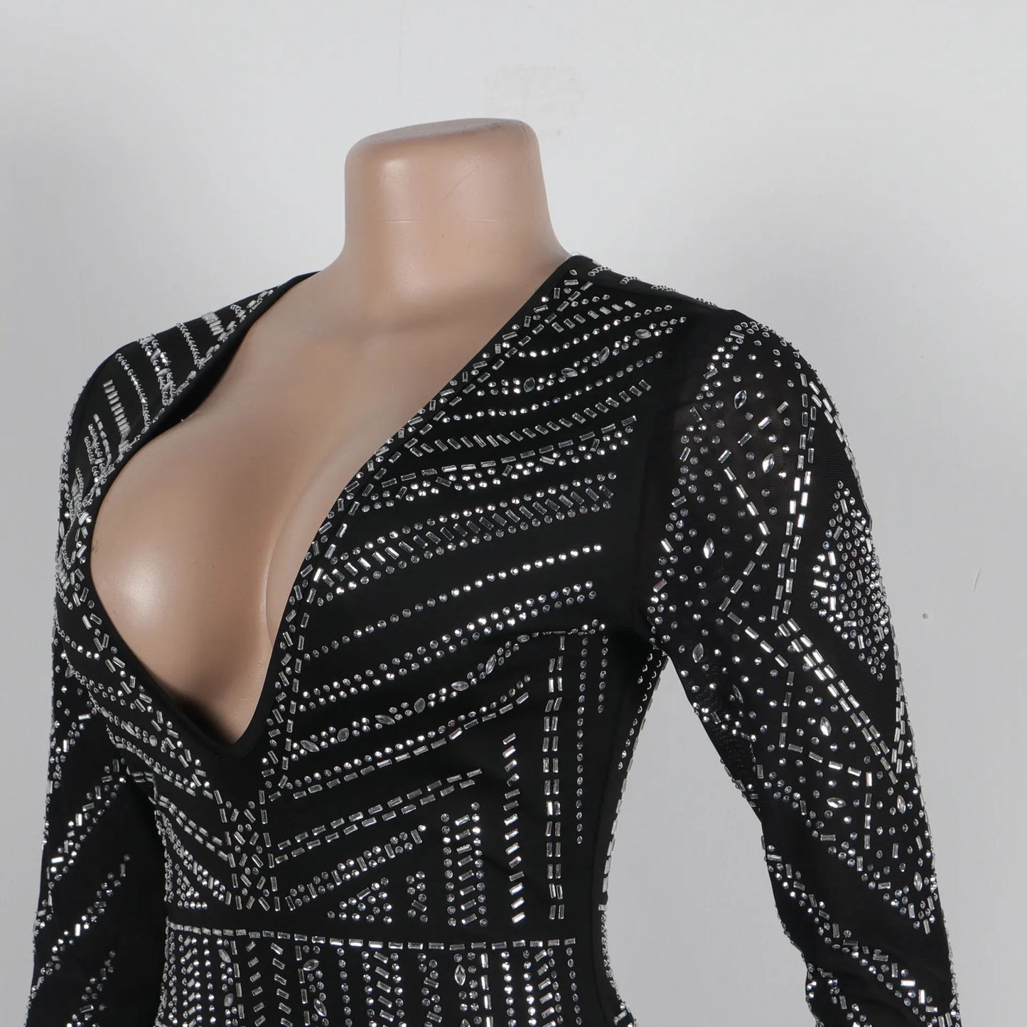HBLL Elegant Women Deep V-neck Long Sleeve Split Diamonds Hot Rhinestone Maxi Dress Luxury Celebrity Evening Party Wedding Dress