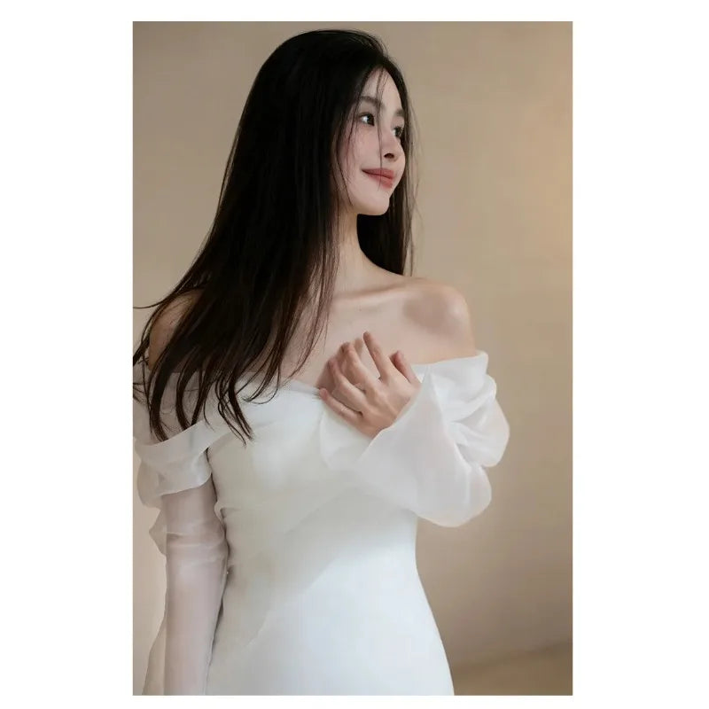 2026 Summer New One Shoulder Satin Light Wedding Dress French Travel Photography Bridal Temperament Simple and Slim Fit Dress