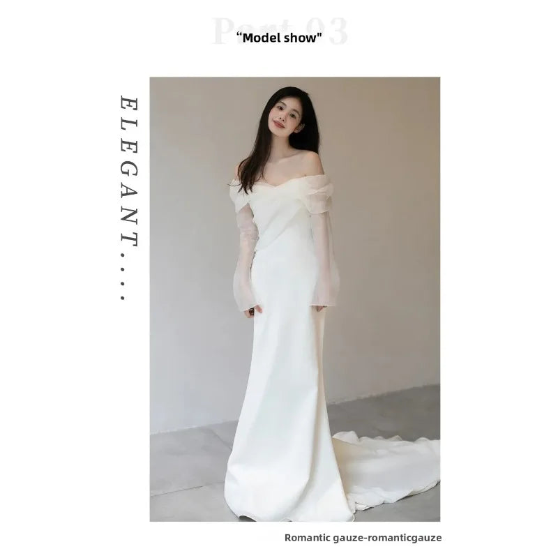 2026 Summer New One Shoulder Satin Light Wedding Dress French Travel Photography Bridal Temperament Simple and Slim Fit Dress