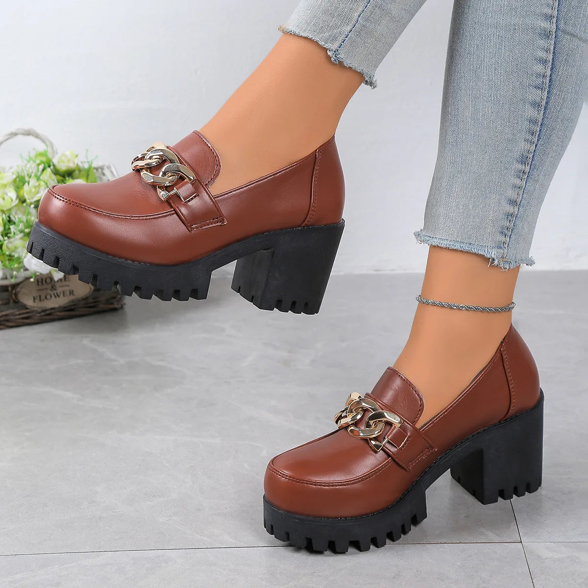 Women's Large Size Thick Heel Slip-On round Toe Leather Shoes Spring Autumn New Style Korean Style PU Leather Mid Heel
