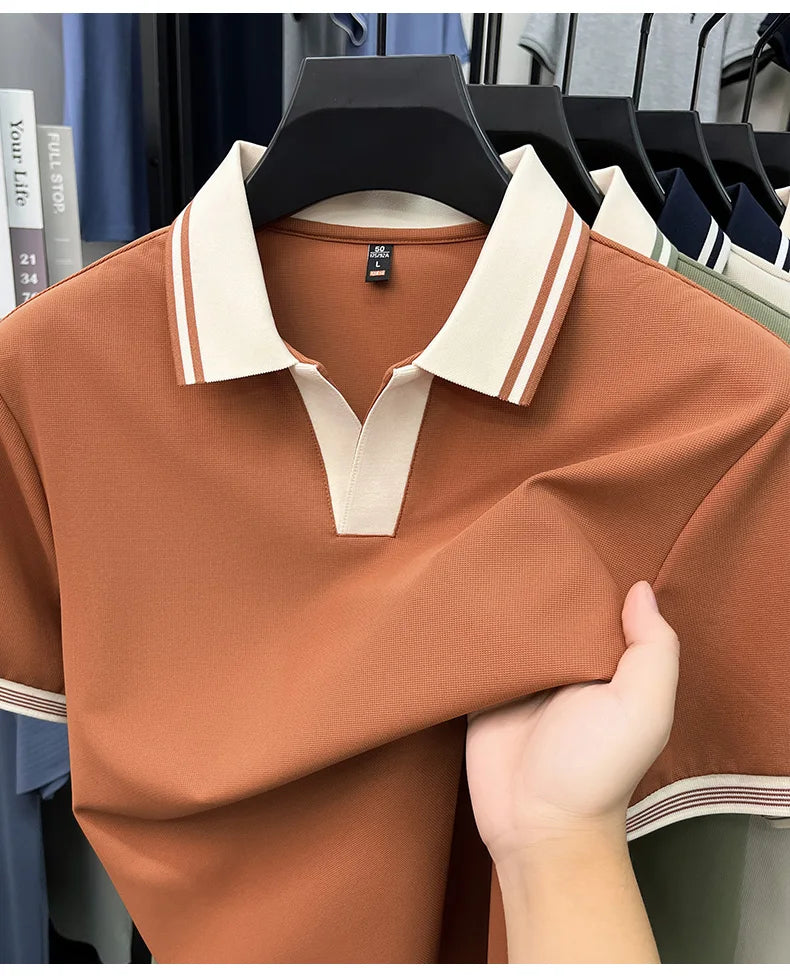 Light luxury summer new short sleeve polo shirt silky breathable high-end men's fashion personalized color blocked lapel T-shirt