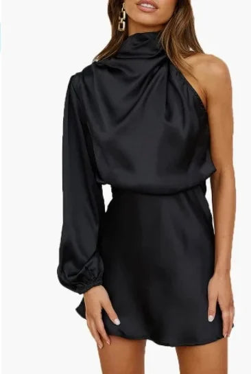 Silk Satin Long Sleeve Mini Skirt Spring 2024 Women's Single Shoulder Cocktail Dress round Neck Short Skirt Fashionable Ladies'