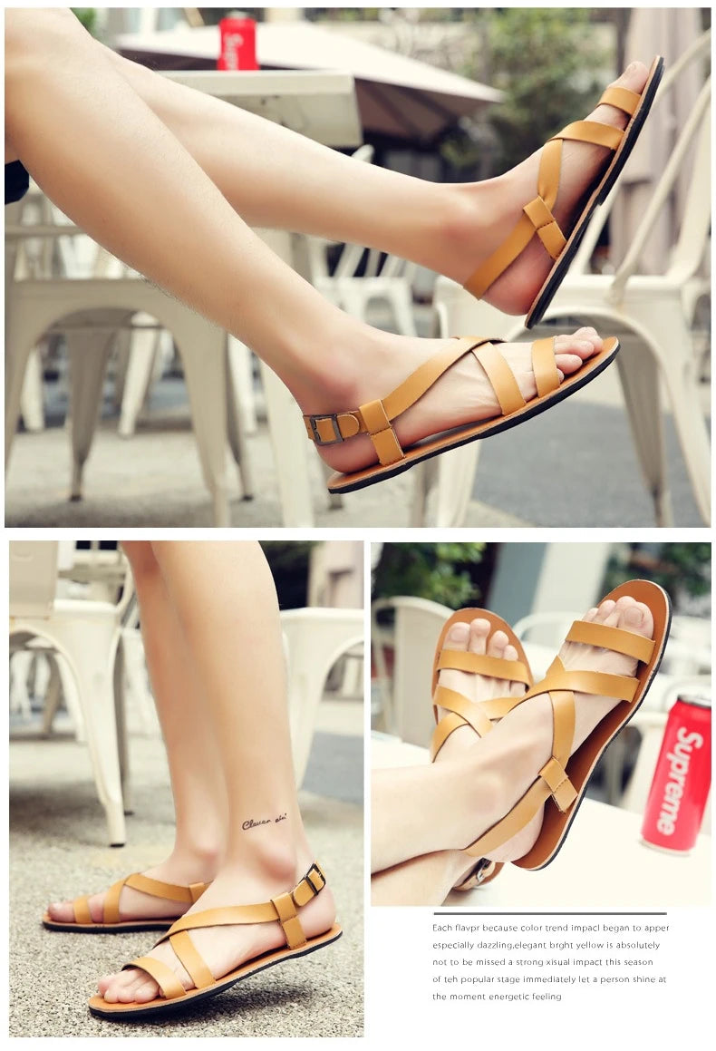 Mens Summer Breathable Leather Sandals Comfortable Roman Slippers for Outdoor Walking Casual Wear Non Slip