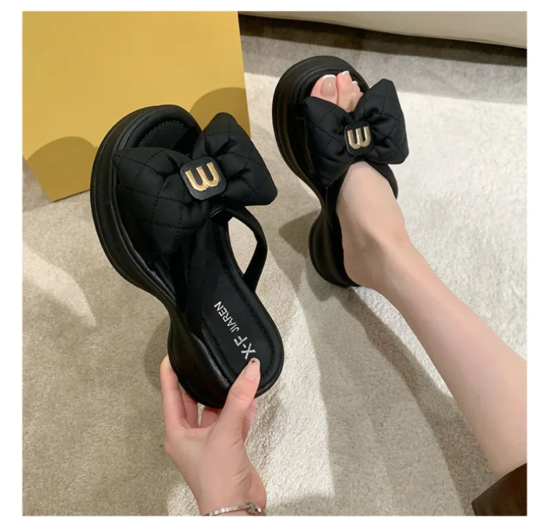 Summer Women's Slippers Designer Platform Slippers Fashion Bow One-Word Slipper 2025 New Casual Beach Slippers for Women Slides