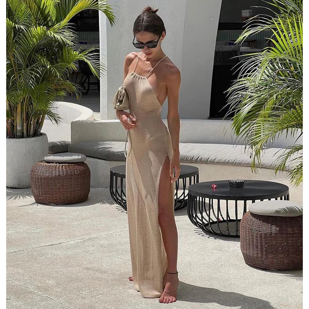 Para Praia Knitted Cover Up Beach Dress Sexy See Through Slit Bodycon Summer Dress Bikinis Cover-ups  Elegant Halter Beachdress