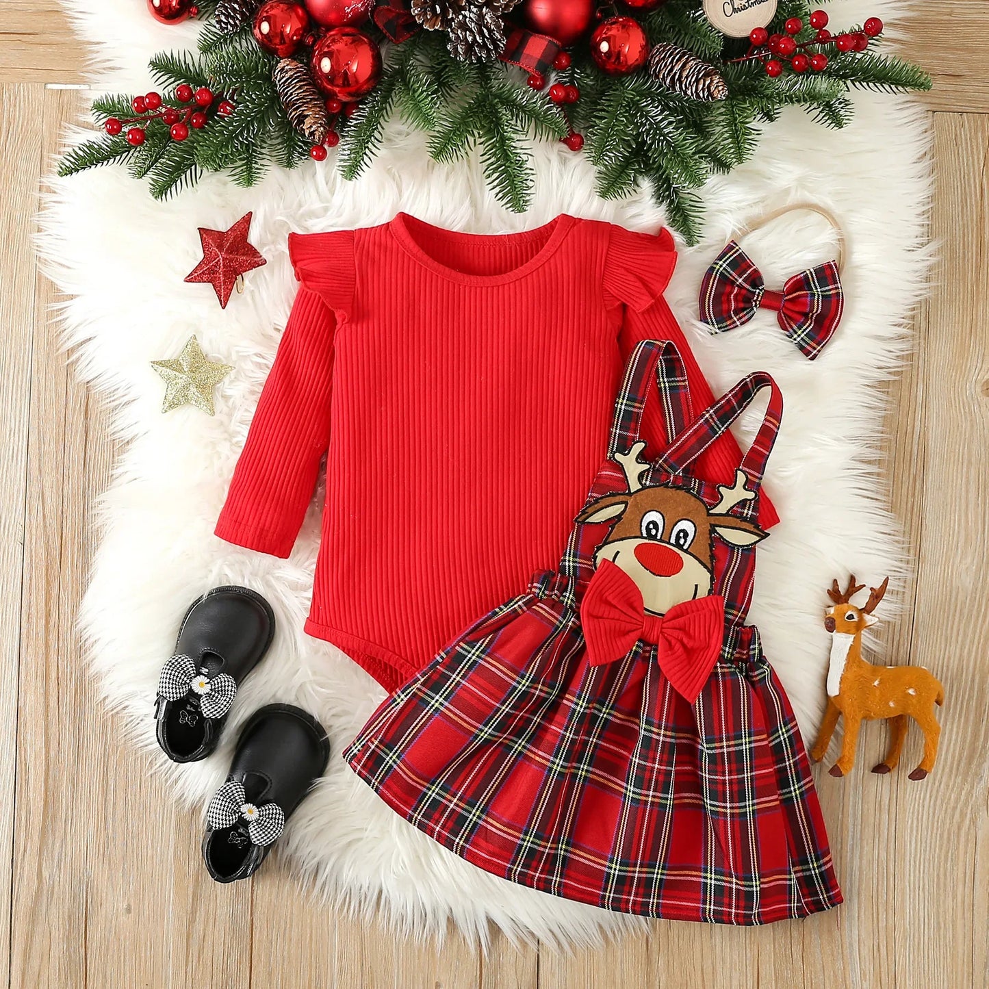 Prowow Baby Girls Christmas Outfits Set Red Bodysuit+Plaid Deer Suspender Dress Set 3pcs My First New Year Costume For Baby 2026