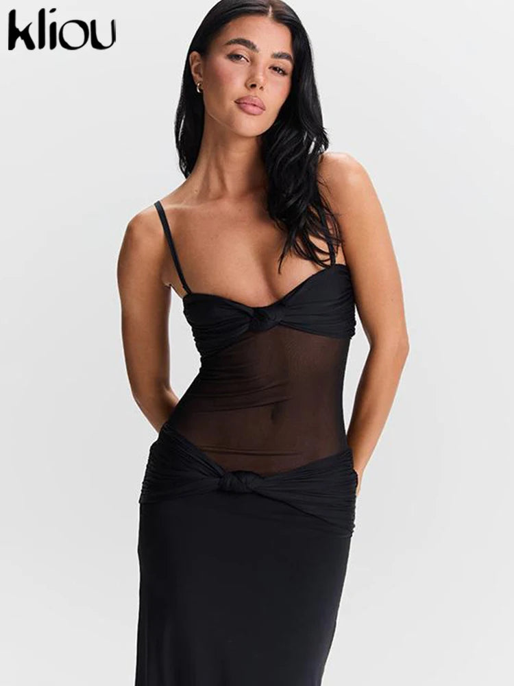 kliou Mesh Suspendency Women Maxi Dress Sexy See Through Tied Patchwork Low Neck Backless Bodycon Female Fashion Party Vestidos