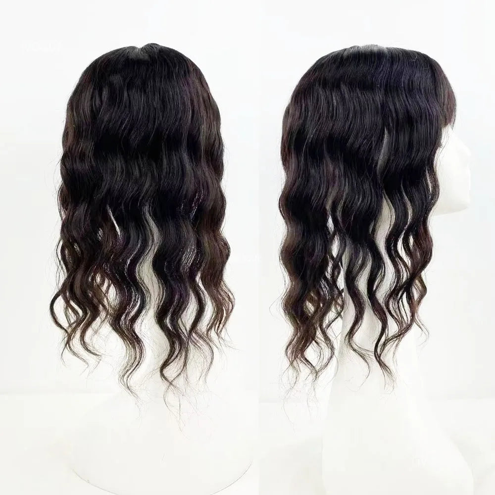 15x16cm Virgin European Human Hair Topper Hair Piece Clips in Loose Wave Silk Top Base Topper with Bangs for Thinning Hair Women