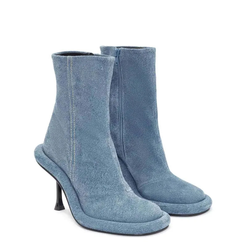 2025Women's New Slim High-heeled Knee High Boots with Side Zipper Round Toe 34-43 Large Mid Length Boots