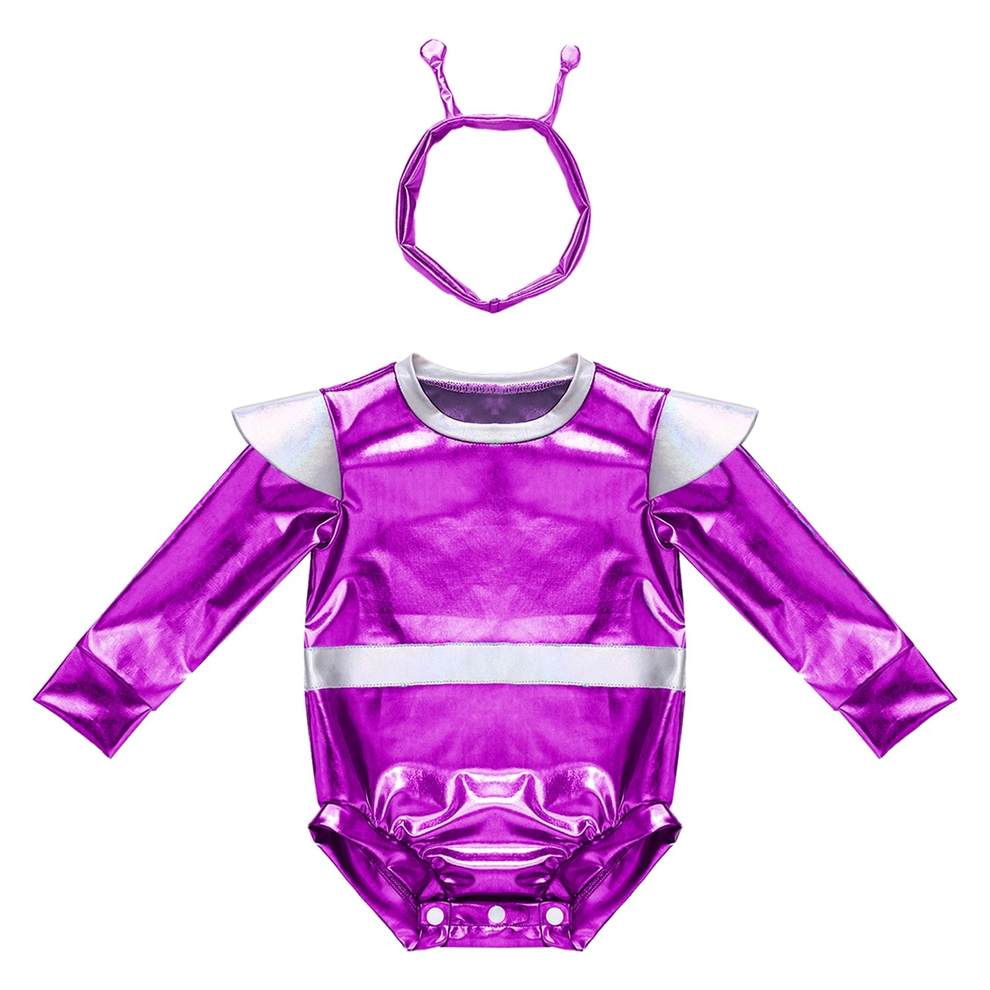 Toddler Boys Girls Metallic Alien Dress-up Costume Jumpsuit Halloween Outer Space Party Cap Sleeve Shiny Romper for Photography
