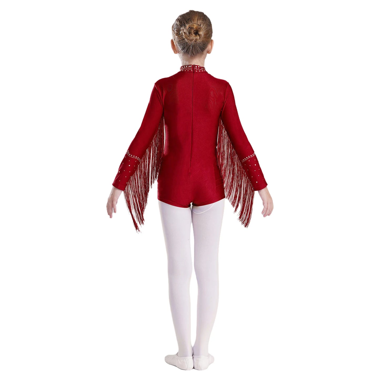 Girls Leotards Jumpsuit for Jazz Latin Skating Competition Costume Tassels Long Sleeve Rhinestones Bodysuit Modern Dancewear