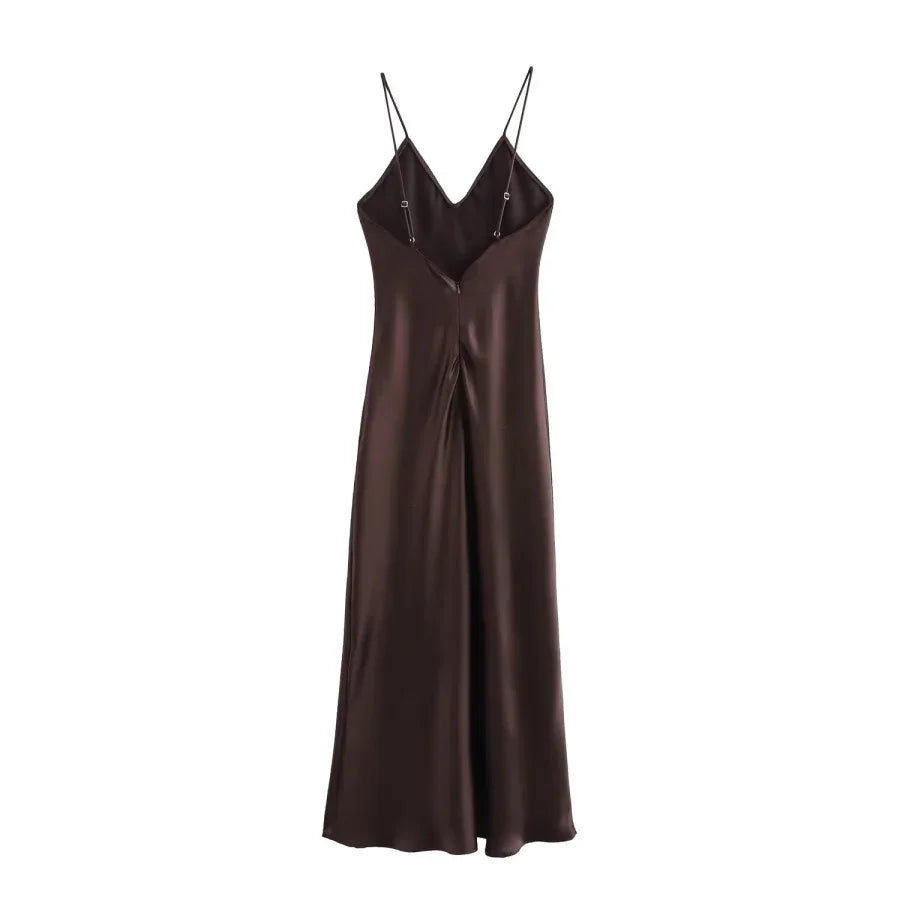 2025 New Elegant women's fashion silk satin texture MIDI dress sexy backless party slip dress
