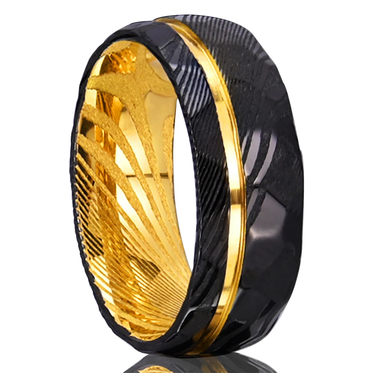 Damascus Steel Ring 8mm Black With Gold-Plated Inner Layer Men'S Couple Wedding Ring Luxurious and Comfortable Daily Party Wear