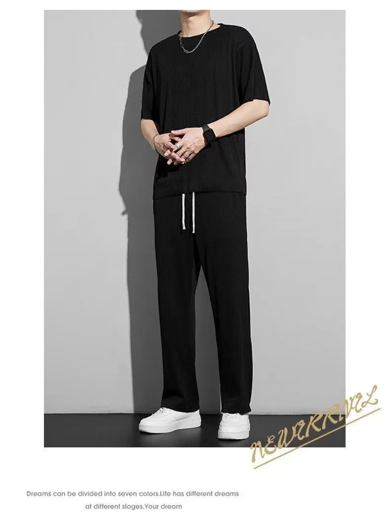 Men's Wrinkled Ice Silk Sports Set 2024 Summer New Short sleeved Long Pants Two piece Set Fashionable, Breathable, and Cool 3
