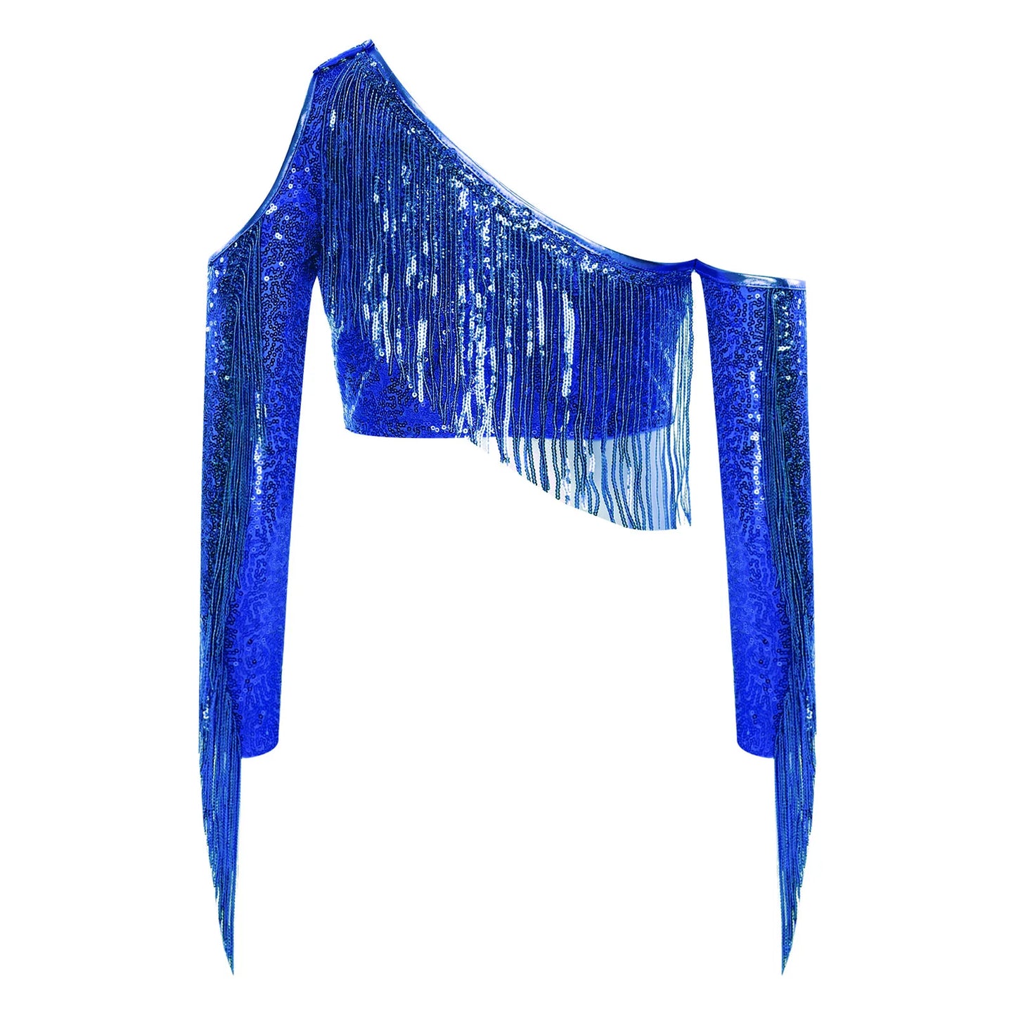 Children's One Shoulder Tassels Tops Streetwear Kids Girls Sequins Crop Top T-shirts Fashion Shiny Stage Performance Costume