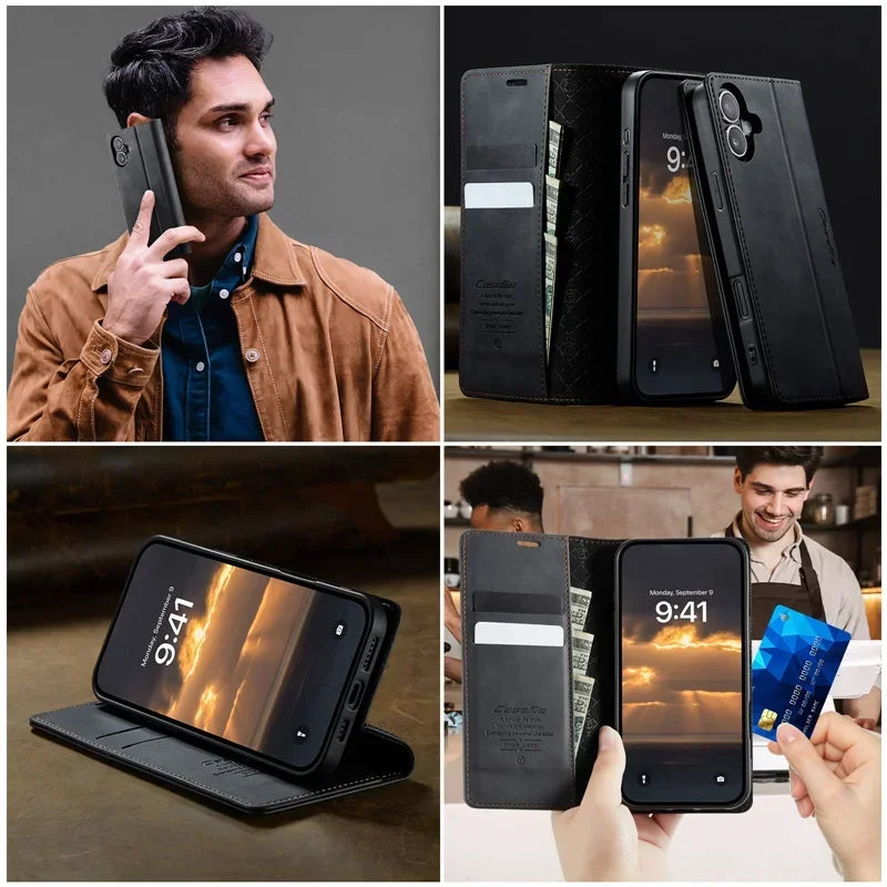 Magnetic Leather Wallet Card Phone Case For iPhone 17E 17 Air 16E 16 Pro Max 15 Plus 14 13 12 11 Flip Wireless Charging Cover